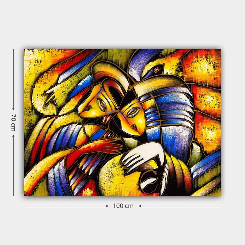 Lerretsbilde 70x100 cm - To abstrakte figurer som omfavner hverandre i en emosjonell komposisjon - Gul / Blå / Rød - Innredning - Bilder & kunst - Lerretsbilder
