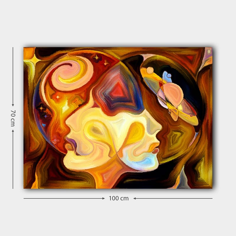 Lerretsbilde 70x100 cm - To ansikter i profil forent i en abstrakt komposisjon med elementer av rom - Gull / Oransje / Brun - Innredning - Bilder & kunst - Lerretsbilder