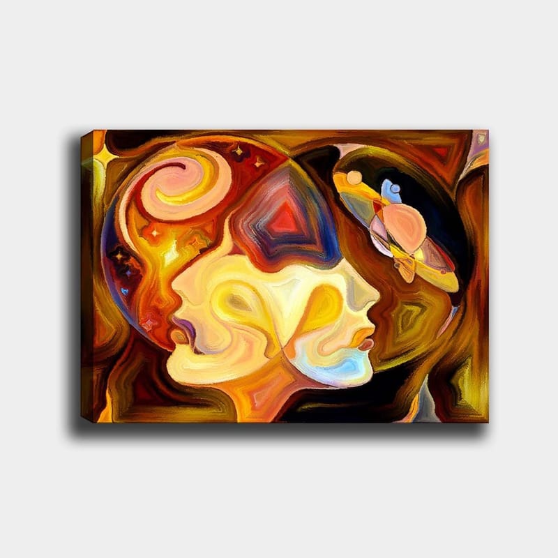 Lerretsbilde 70x100 cm - To ansikter i profil forent i en abstrakt komposisjon med elementer av rom, Gull / Oransje / Brun