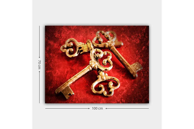 Lerretsbilde 70x100 cm - To antikke nøkler med dekorative detaljer på rød bakgrunn - Gull / Rød - Innredning - Bilder & kunst - Lerretsbilder