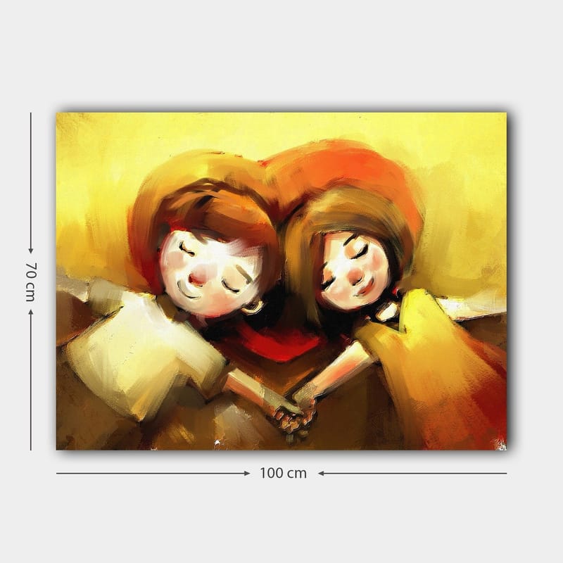 Lerretsbilde 70x100 cm - To barn som holder hender og ligger sammen i en hjerteformet komposisjon - Gyllengul / Rød / Brun - Innredning - Bilder & kunst - Lerretsbilder
