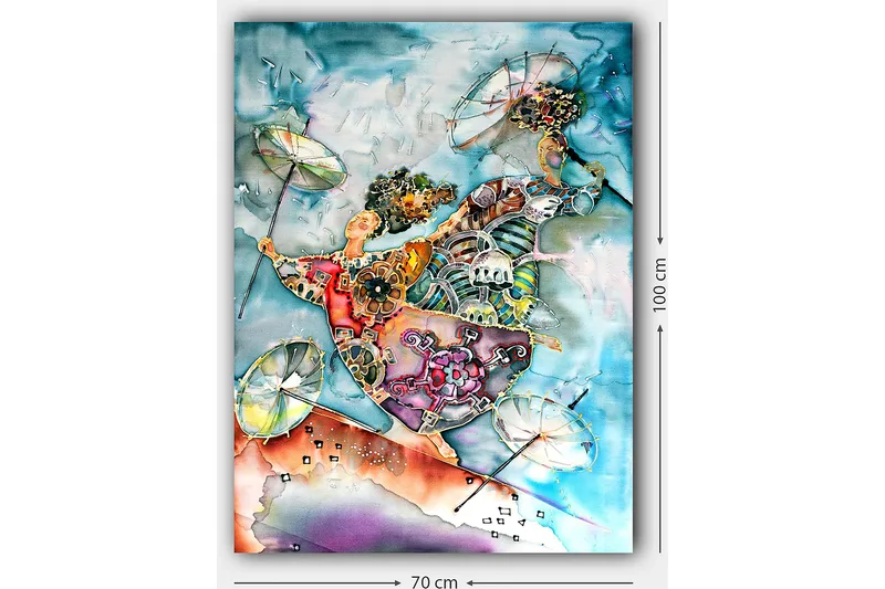 Lerretsbilde 70x100 cm - To dansende figurer med paraplyer i en fargerik og livlig komposisjon - Blå / Oransje / Grønn - Innredning - Bilder & kunst - Lerretsbilder