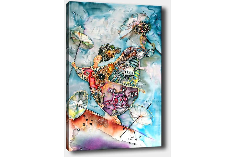 Lerretsbilde 70x100 cm - To dansende figurer med paraplyer i en fargerik og livlig komposisjon - Blå / Oransje / Grønn - Innredning - Bilder & kunst - Lerretsbilder