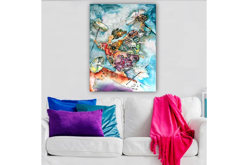 Lerretsbilde 70x100 cm - To dansende figurer med paraplyer i en fargerik og livlig komposisjon, Blå / Oransje / Grønn