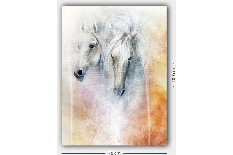 Lerretsbilde 70x100 cm - To elegante hester som fremstår i en myk og drømmeaktig komposisjon - Hvit / Lys grå / Oransje - Innredning - Bilder & kunst - Lerretsbilder
