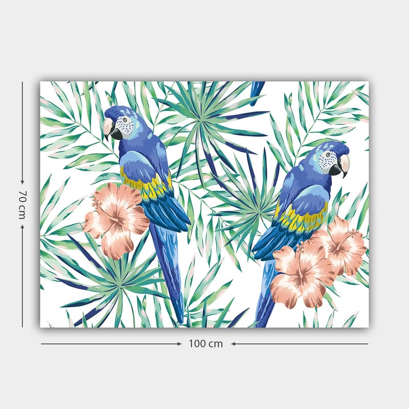 Lerretsbilde 70x100 cm - To fargerike papegøyer omgitt av tropiske planter og blomster - Blå / Grønn / Rosa - Innredning - Bilder & kunst - Lerretsbilder