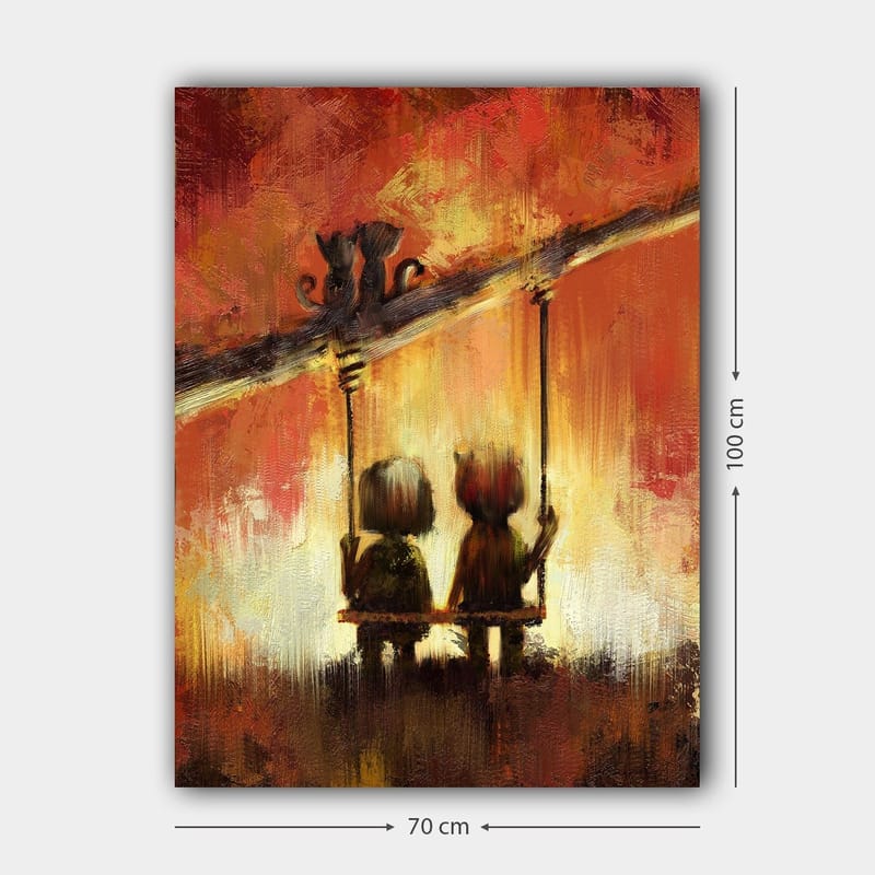 Lerretsbilde 70x100 cm - To figurer som sitter på en huske under en varm, fargerik himmel - Rød / Oransje / Gul - Innredning - Bilder & kunst - Lerretsbilder