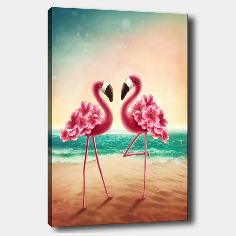 Lerretsbilde 70x100 cm - To flamingoer med blomster som står på en strand ved sjøen, Rosa / Turkis / Beige