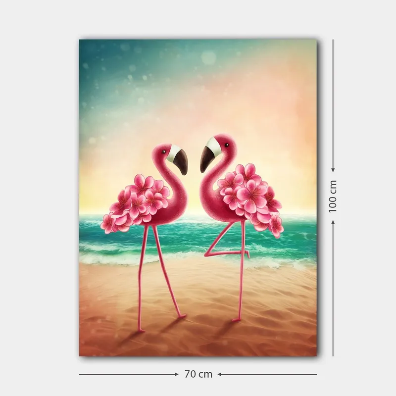 Lerretsbilde 70x100 cm - To flamingoer med blomster som står på en strand ved sjøen - Rosa / Turkis / Beige - Innredning - Bilder & kunst - Lerretsbilder