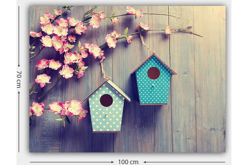 Lerretsbilde 70x100 cm - To fuglehus hengende på en gren med blomster i bakgrunnen - Rosa / Turkis - Innredning - Bilder & kunst - Lerretsbilder
