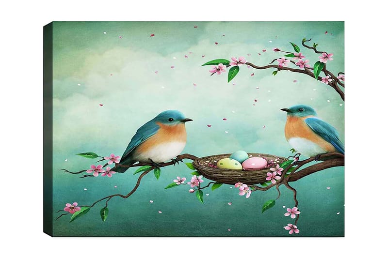 Lerretsbilde 70x100 cm - To fugler som sitter på en gren ved siden av et rede med egg, omgitt av blomster, Turkis / Aprikos / Rosa