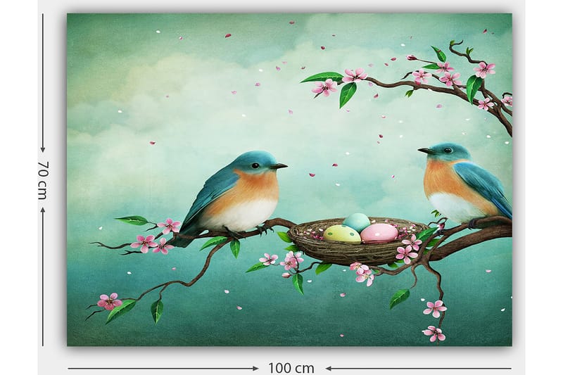 Lerretsbilde 70x100 cm - To fugler som sitter på en gren ved siden av et rede med egg, omgitt av blomster - Turkis / Aprikos / Rosa - Innredning - Bilder & kunst - Lerretsbilder