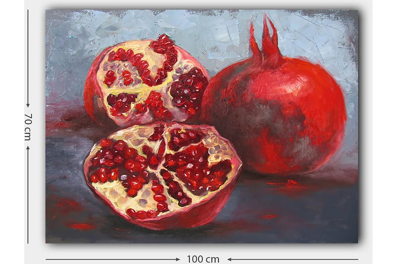 Lerretsbilde 70x100 cm - To granatepler, ett helt og ett delt, som viser de saftige frøene sine - Rød / Beige - Innredning - Bilder & kunst - Lerretsbilder