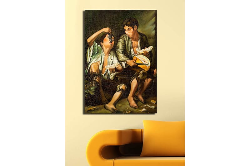 Lerretsbilde 70x100 cm - To gutter som deler et måltid med frukt og ost - Grønn / Brun / Beige - Innredning - Bilder & kunst - Lerretsbilder