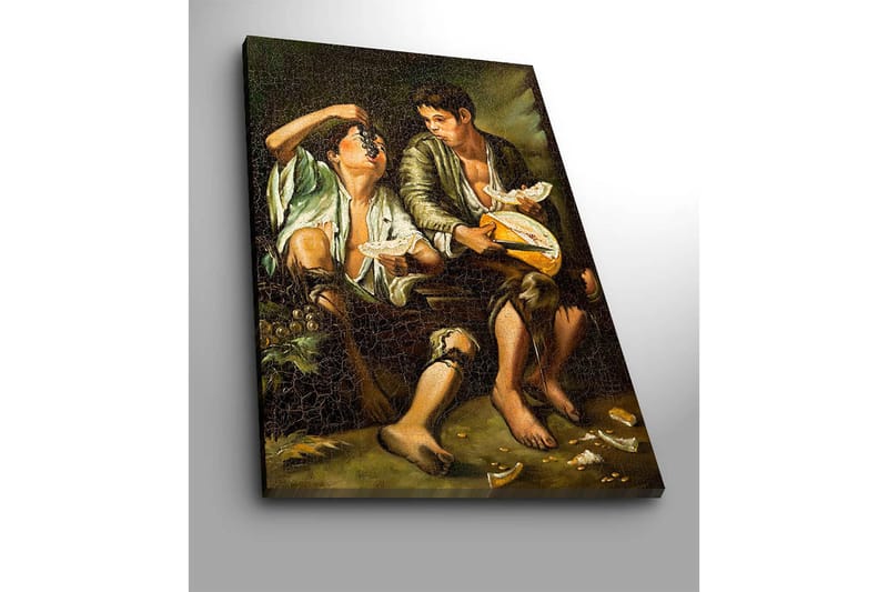 Lerretsbilde 70x100 cm - To gutter som deler et måltid med frukt og ost - Grønn / Brun / Beige - Innredning - Bilder & kunst - Lerretsbilder