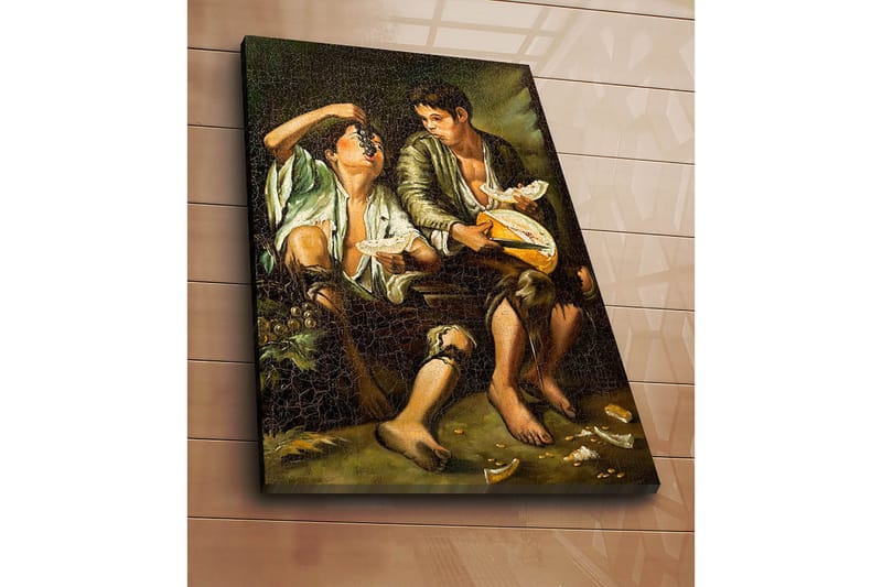 Lerretsbilde 70x100 cm - To gutter som deler et måltid med frukt og ost - Grønn / Brun / Beige - Innredning - Bilder & kunst - Lerretsbilder