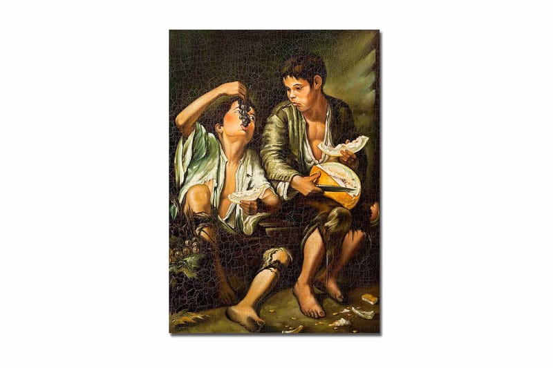 Lerretsbilde 70x100 cm - To gutter som deler et måltid med frukt og ost, Grønn / Brun / Beige