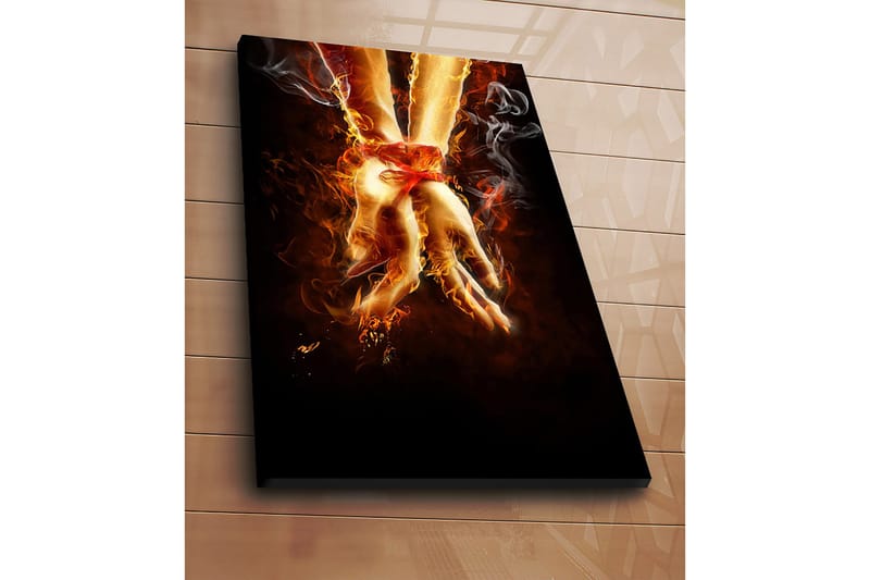 Lerretsbilde 70x100 cm - To hender bundet sammen med et rødt bånd, omgitt av ild og røyk - Oransje / Rød / Beige - Innredning - Bilder & kunst - Lerretsbilder