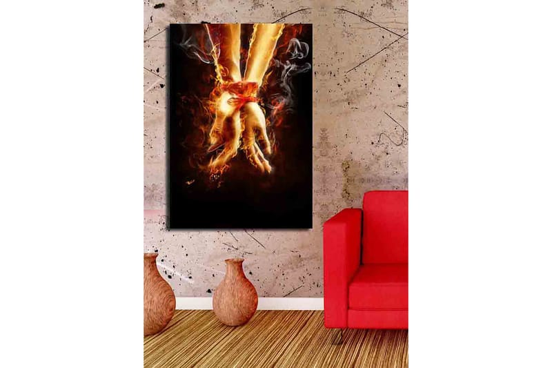 Lerretsbilde 70x100 cm - To hender bundet sammen med et rødt bånd, omgitt av ild og røyk - Oransje / Rød / Beige - Innredning - Bilder & kunst - Lerretsbilder