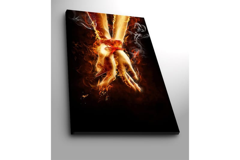 Lerretsbilde 70x100 cm - To hender bundet sammen med et rødt bånd, omgitt av ild og røyk - Oransje / Rød / Beige - Innredning - Bilder & kunst - Lerretsbilder