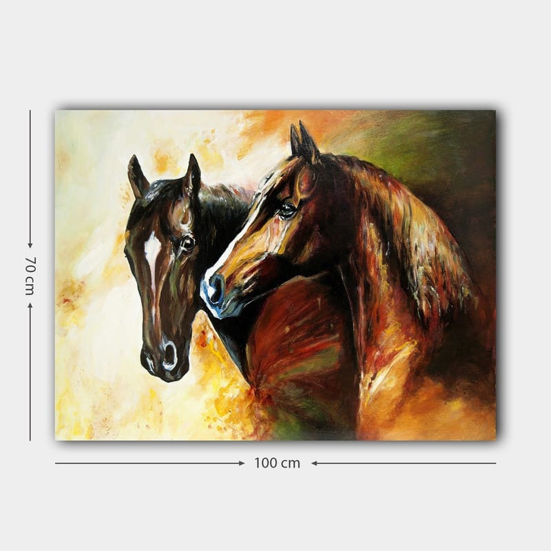 Lerretsbilde 70x100 cm - To hester som står tett inntil hverandre, fanget i en dynamisk og levende komposisjon - Mørk brun / Lys brun / Oransje - Innredning - Bilder & kunst - Lerretsbilder