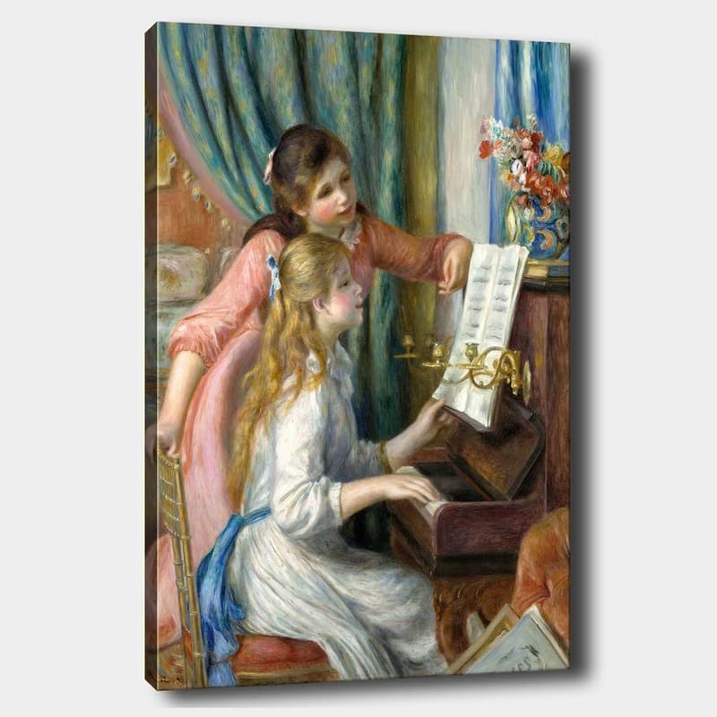 Lerretsbilde 70x100 cm - To jenter som spiller piano sammen, en jente peker på notene, Rosa / Hvit / Blå