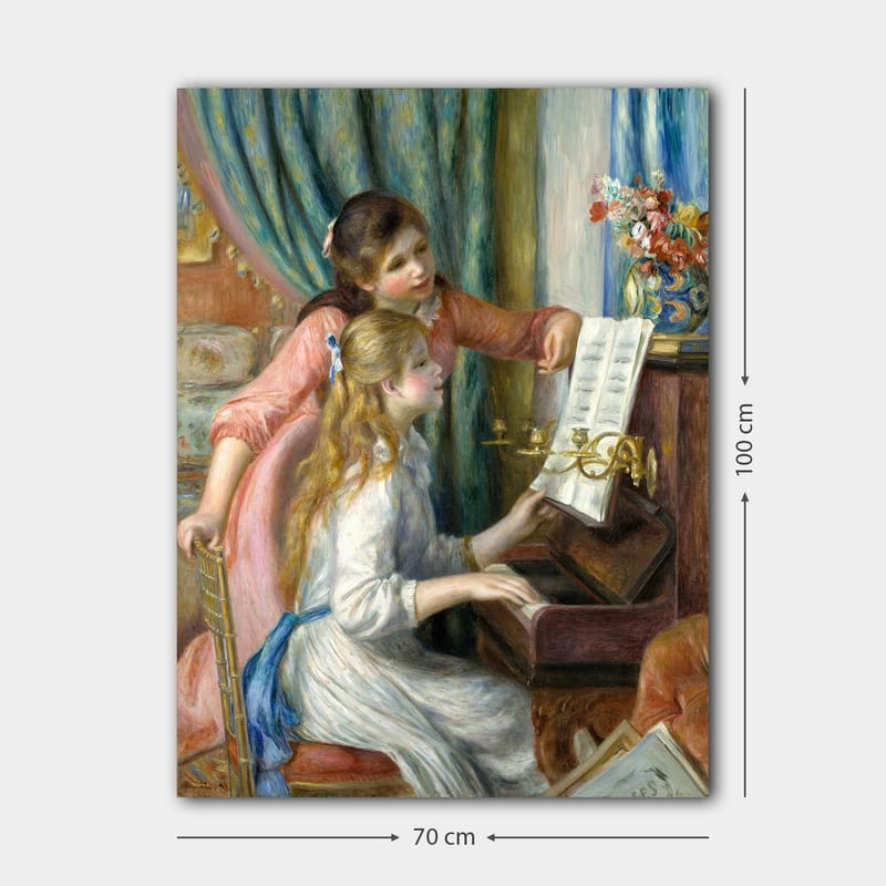 Lerretsbilde 70x100 cm - To jenter som spiller piano sammen, en jente peker på notene - Rosa / Hvit / Blå - Innredning - Bilder & kunst - Lerretsbilder