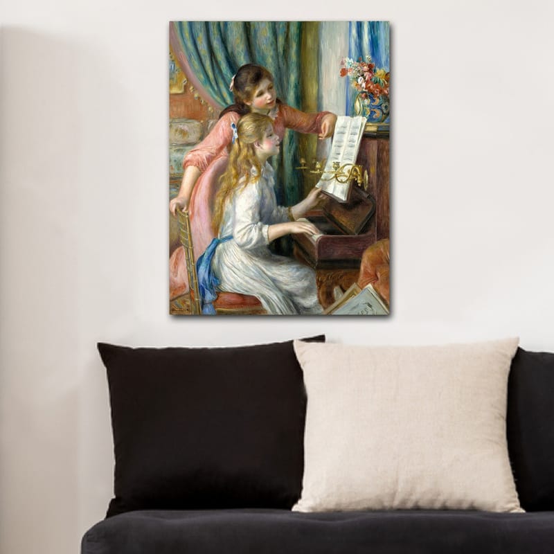 Lerretsbilde 70x100 cm - To jenter som spiller piano sammen, en jente peker på notene - Rosa / Hvit / Blå - Innredning - Bilder & kunst - Lerretsbilder