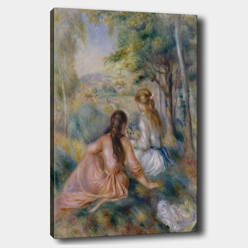 Lerretsbilde 70x100 cm - To kvinner som sitter i frodige omgivelser og plukker blomster, Rosa / Hvit / Grønn