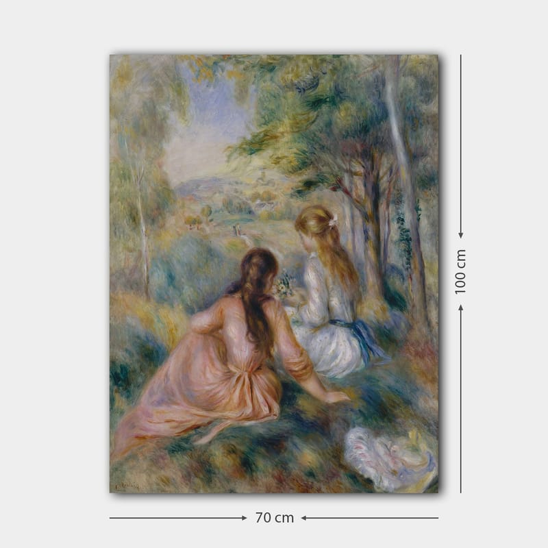 Lerretsbilde 70x100 cm - To kvinner som sitter i frodige omgivelser og plukker blomster - Rosa / Hvit / Grønn - Innredning - Bilder & kunst - Lerretsbilder