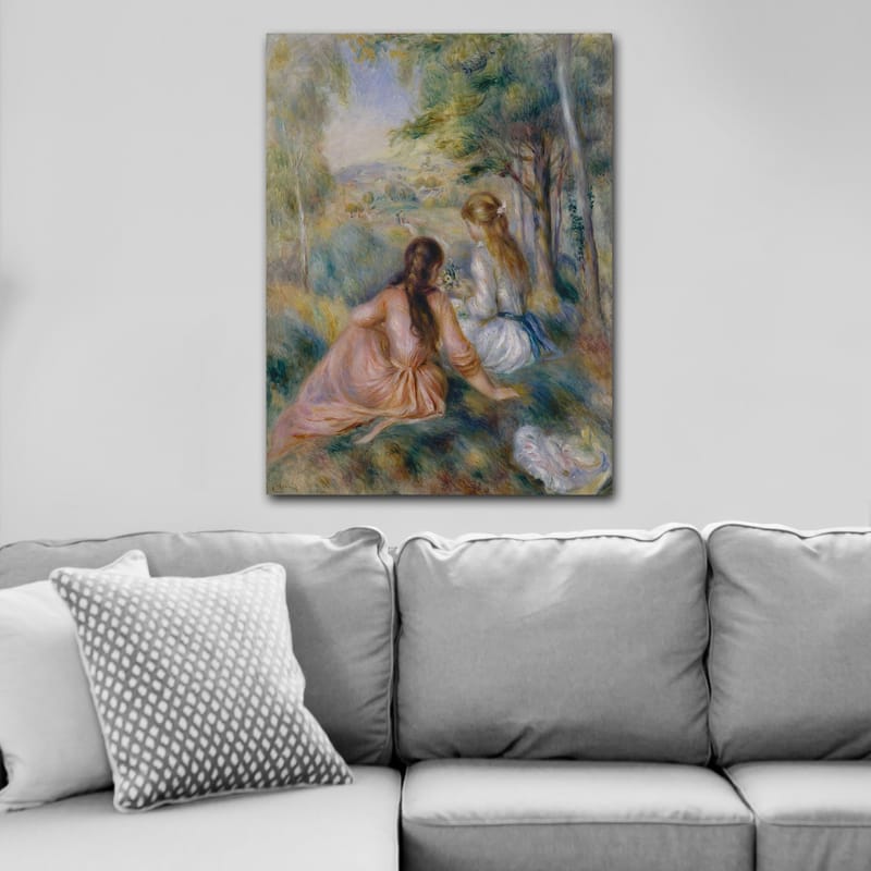 Lerretsbilde 70x100 cm - To kvinner som sitter i frodige omgivelser og plukker blomster - Rosa / Hvit / Grønn - Innredning - Bilder & kunst - Lerretsbilder