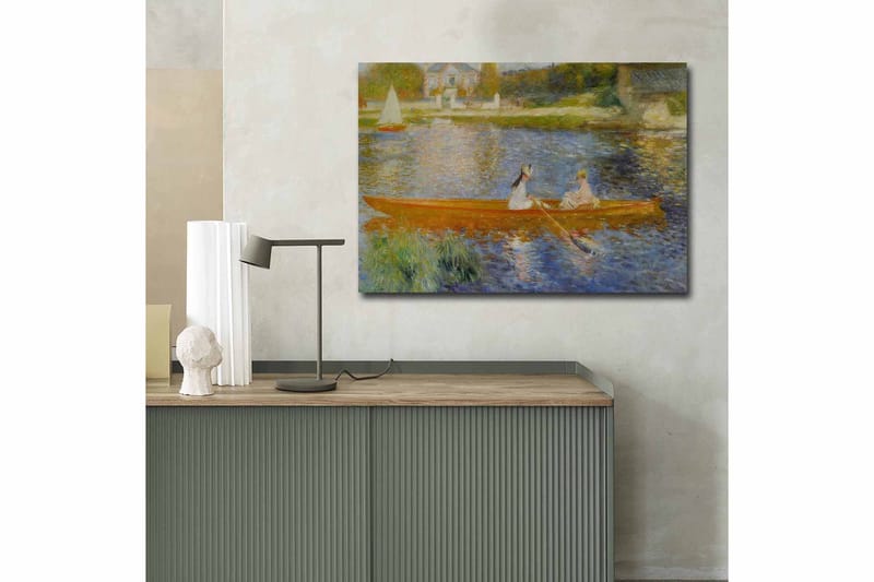 Lerretsbilde 70x100 cm - To kvinner padler i en båt på en speilblank innsjø - Oransje / Blå / Grønn - Innredning - Bilder & kunst - Lerretsbilder