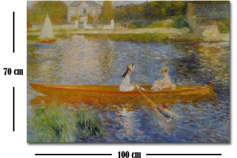 Lerretsbilde 70x100 cm - To kvinner padler i en båt på en speilblank innsjø - Oransje / Blå / Grønn - Innredning - Bilder & kunst - Lerretsbilder