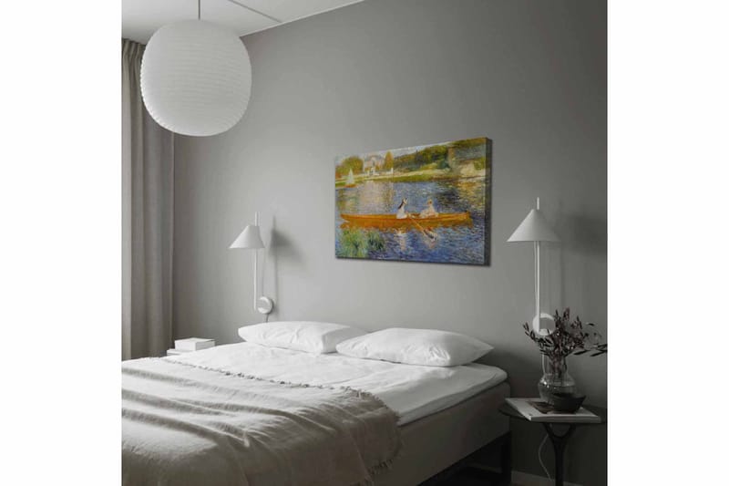 Lerretsbilde 70x100 cm - To kvinner padler i en båt på en speilblank innsjø - Oransje / Blå / Grønn - Innredning - Bilder & kunst - Lerretsbilder