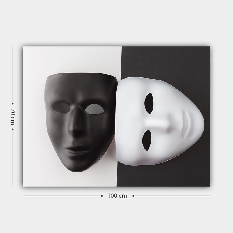 Lerretsbilde 70x100 cm - To masker, en svart og en hvit, som symboliserer kontrasterende følelser eller identiteter - Svart / Hvit - Innredning - Bilder & kunst - Lerretsbilder
