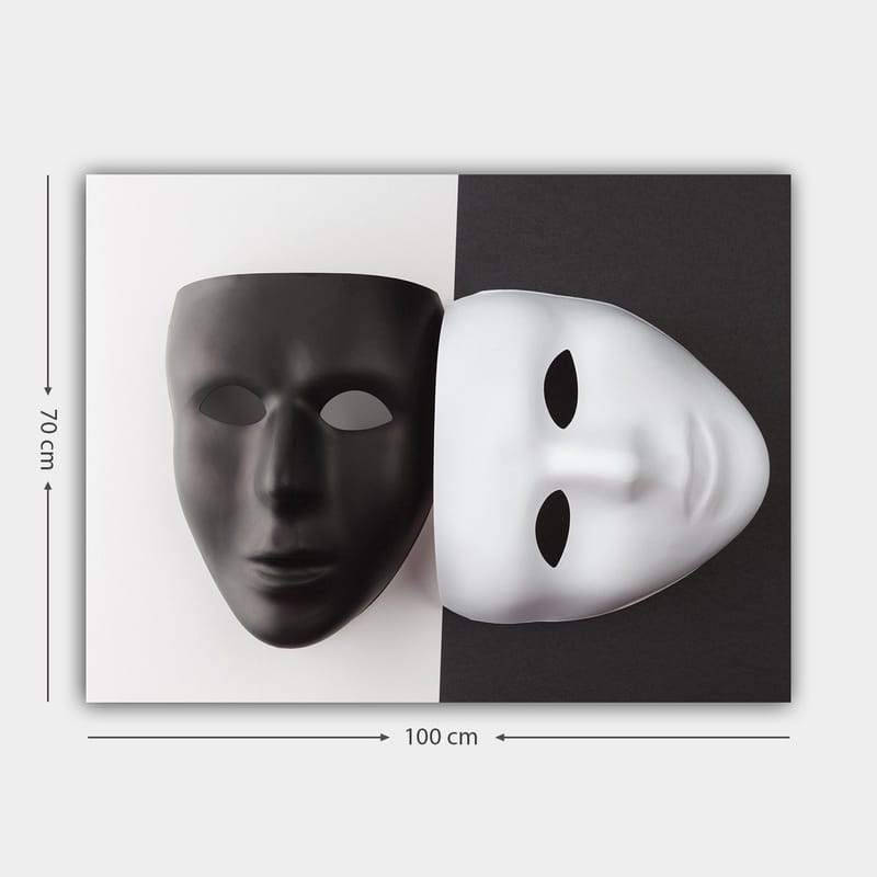Lerretsbilde 70x100 cm - To masker, en svart og en hvit, som symboliserer kontrasterende følelser eller identiteter - Svart / Hvit - Innredning - Bilder & kunst - Lerretsbilder