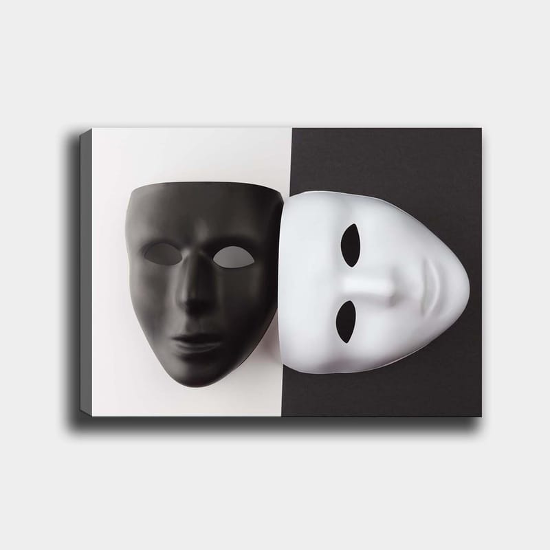 Lerretsbilde 70x100 cm - To masker, en svart og en hvit, som symboliserer kontrasterende følelser eller identiteter - Svart / Hvit - Innredning - Bilder & kunst - Lerretsbilder