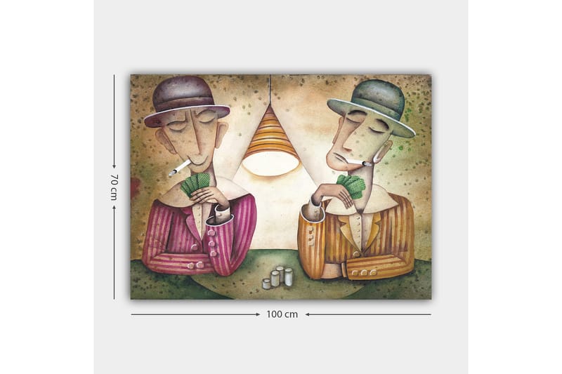 Lerretsbilde 70x100 cm - To menn som spiller kort under en lampe, med sigaretter i munnen og et konsentrert uttrykk - Lilla / Grønn / Beige - Innredning - Bilder & kunst - Lerretsbilder
