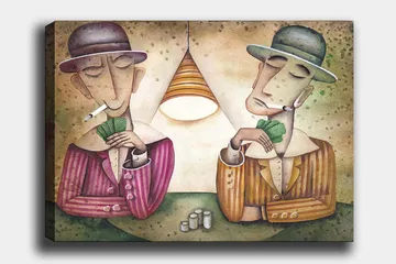 Lerretsbilde 70x100 cm - To menn som spiller kort under en lampe, med sigaretter i munnen og et konsentrert uttrykk - Lilla / Grønn / Beige - Innredning - Bilder & kunst - Lerretsbilder