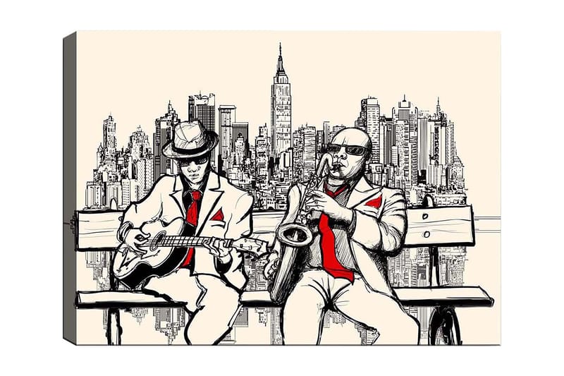 Lerretsbilde 70x100 cm - To musikere på en benk med New York som silhuett - Beige / Svart / Rød - Innredning - Bilder & kunst - Lerretsbilder