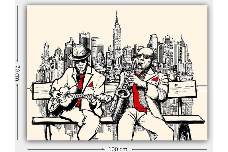 Lerretsbilde 70x100 cm - To musikere på en benk med New York som silhuett - Beige / Svart / Rød - Innredning - Bilder & kunst - Lerretsbilder