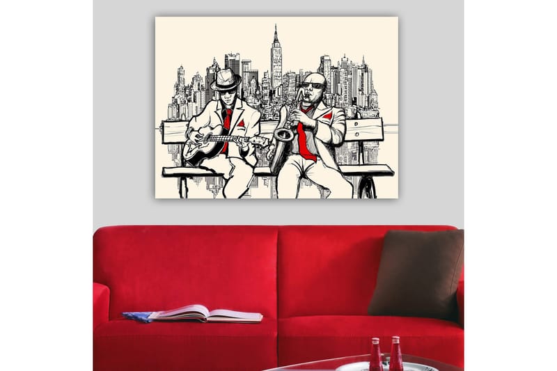 Lerretsbilde 70x100 cm - To musikere på en benk med New York som silhuett - Beige / Svart / Rød - Innredning - Bilder & kunst - Lerretsbilder