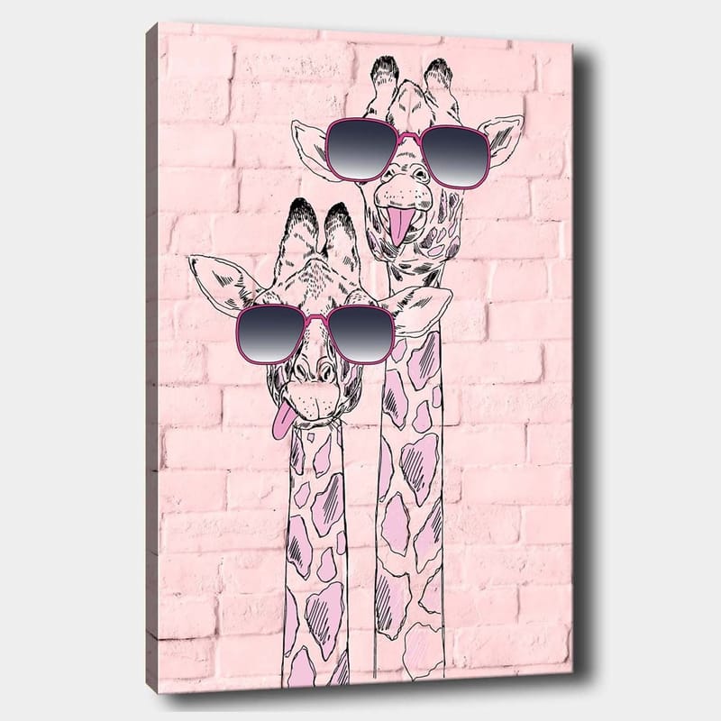 Lerretsbilde 70x100 cm - To sjiraffer med solbriller som skiller seg ut med sine lekne uttrykk, Rosa / Svart / Hvit