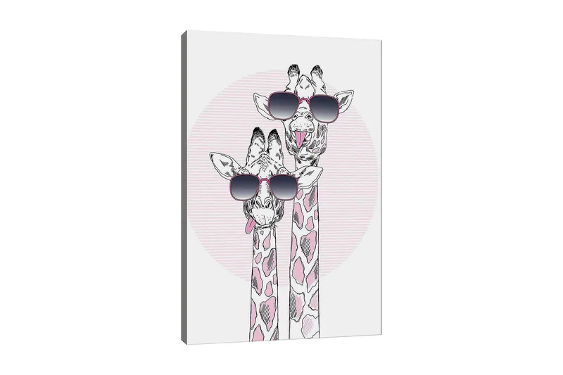 Lerretsbilde 70x100 cm - To sjiraffer med solbriller som viser en leken og moderne stil, Rosa / Svart / Hvit