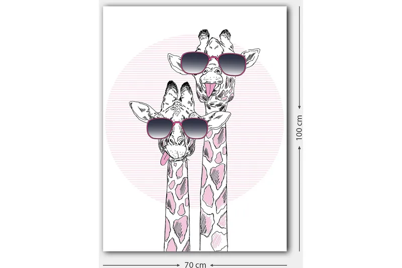 Lerretsbilde 70x100 cm - To sjiraffer med solbriller som viser en leken og moderne stil - Rosa / Svart / Hvit - Innredning - Bilder & kunst - Lerretsbilder