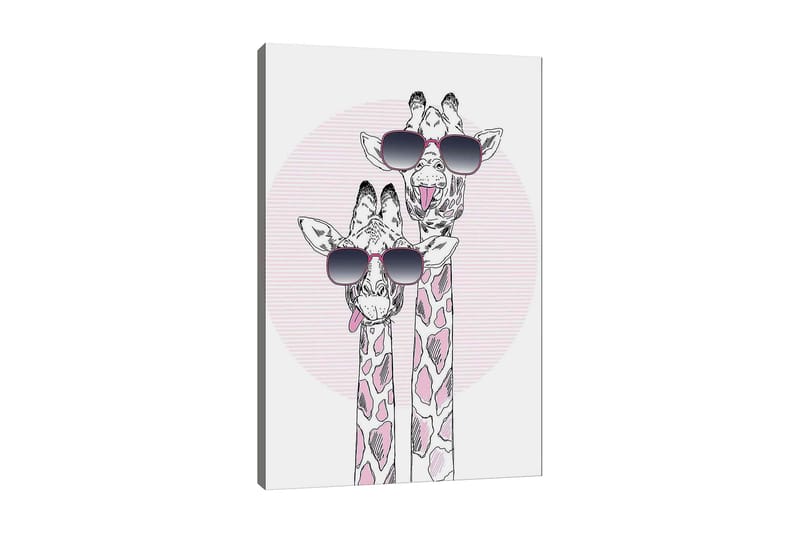 Lerretsbilde 70x100 cm - To sjiraffer med solbriller som viser en leken og moderne stil, Rosa / Svart / Hvit