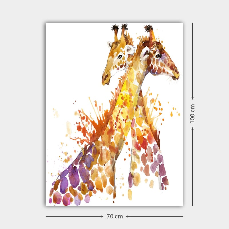 Lerretsbilde 70x100 cm - To sjiraffer som står tett inntil hverandre, fremhevet av fargerike akvarelltoner - Gyllenbrun / Lilla / Oransje - Innredning - Bilder & kunst - Lerretsbilder