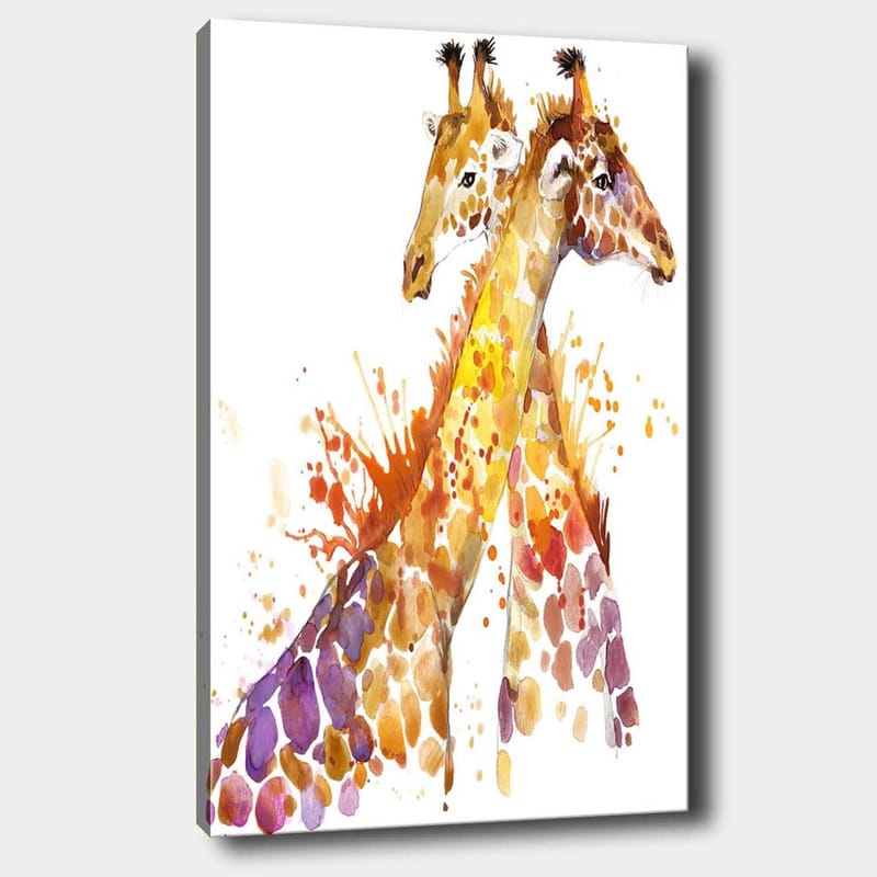 Lerretsbilde 70x100 cm - To sjiraffer som står tett inntil hverandre, fremhevet av fargerike akvarelltoner - Gyllenbrun / Lilla / Oransje - Innredning - Bilder & kunst - Lerretsbilder