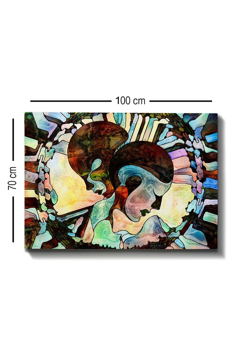 Lerretsbilde 70x100 cm - To stiliserte ansikter forent i en harmonisk komposisjon - Mørk brun / Lys blå / Grønn - Innredning - Bilder & kunst - Lerretsbilder