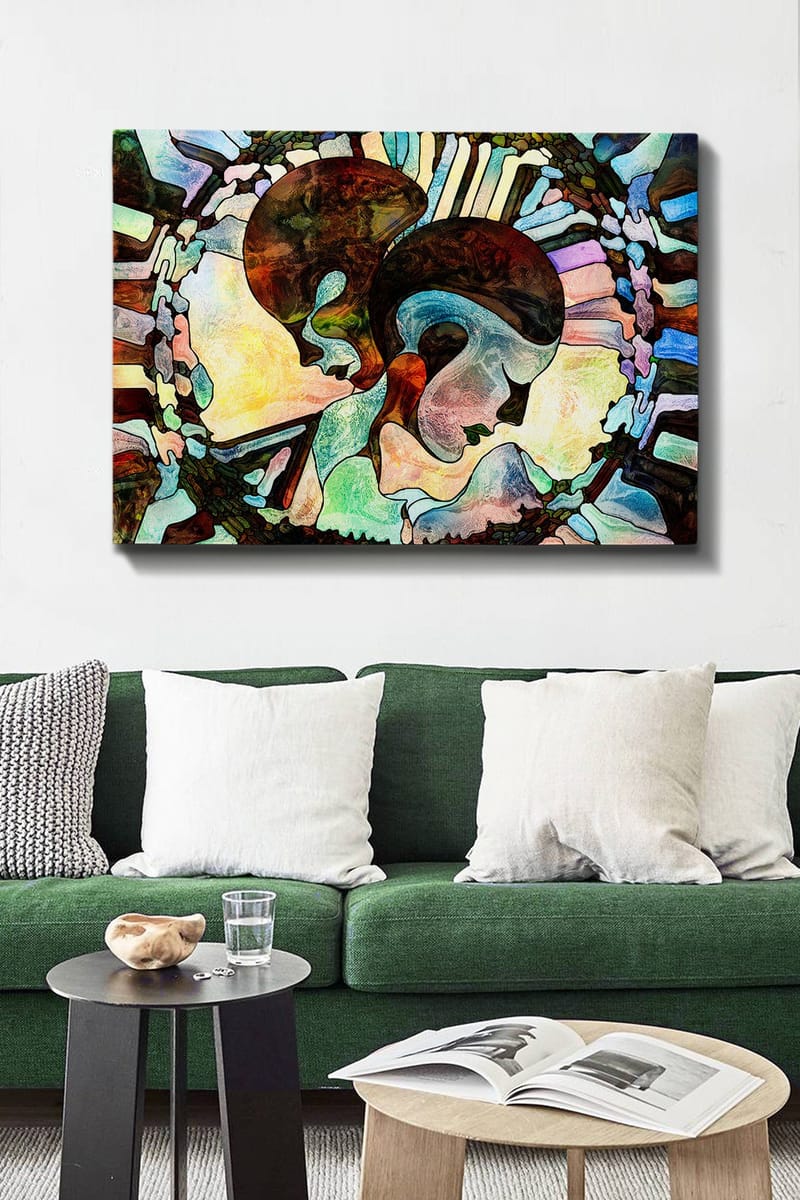 Lerretsbilde 70x100 cm - To stiliserte ansikter forent i en harmonisk komposisjon - Mørk brun / Lys blå / Grønn - Innredning - Bilder & kunst - Lerretsbilder